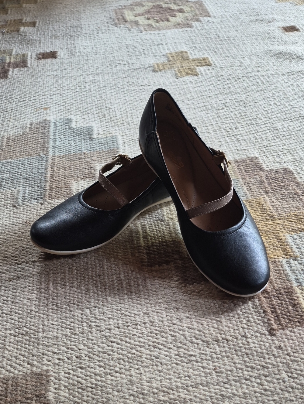 Clarks Black Mary Jane Flats with Brown Strap